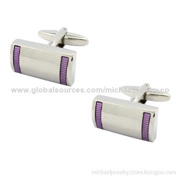 Brass Cufflinks with Purple Transparent Epoxy and Plating White Steel(Nickel-Free)
